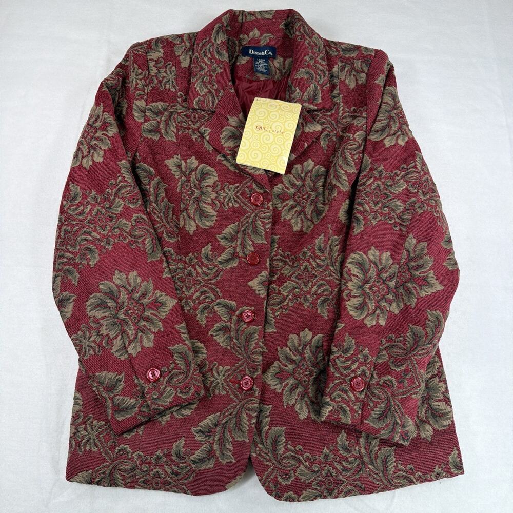 Vintage Denim & Co Floral Tapestry Blazer Jacket Red Damask Brocade L QVC NWT